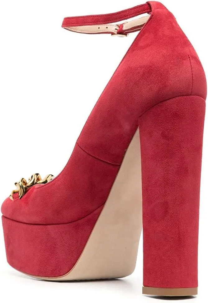 FYS Women Chain Platform Square Toe Pumps Ankle Strap Block Chunky High Heels Formal Wear Wedding Dance Shoes Size 4-15 US