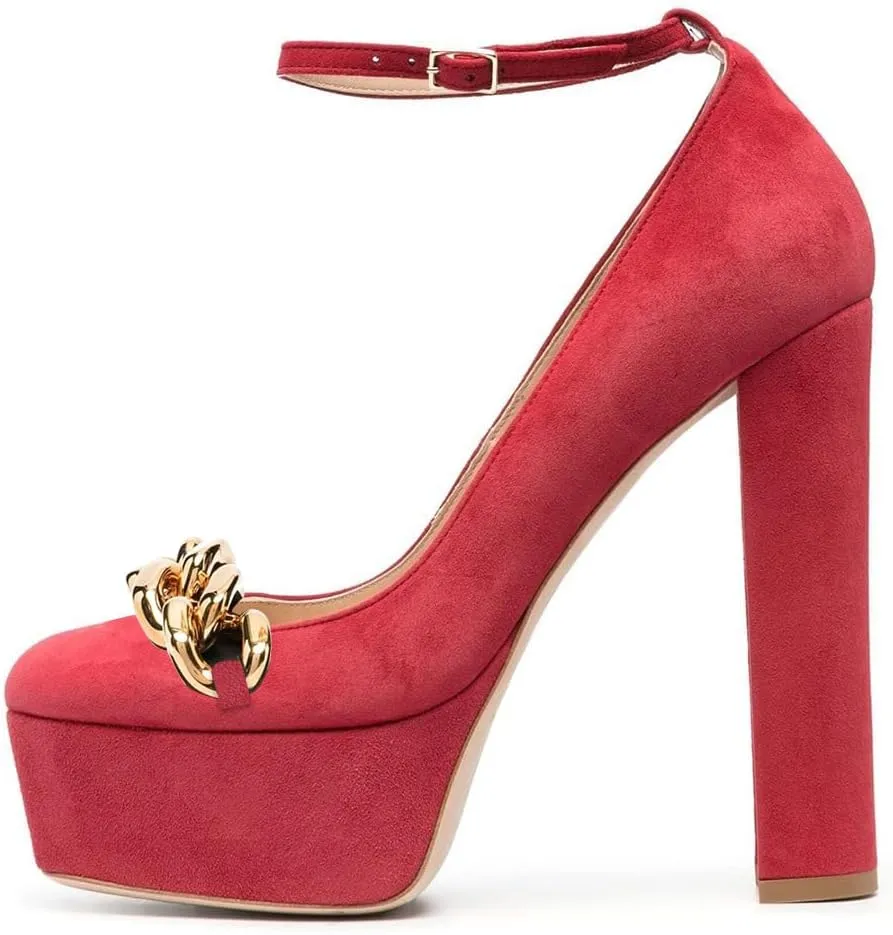 FYS Women Chain Platform Square Toe Pumps Ankle Strap Block Chunky High Heels Formal Wear Wedding Dance Shoes Size 4-15 US