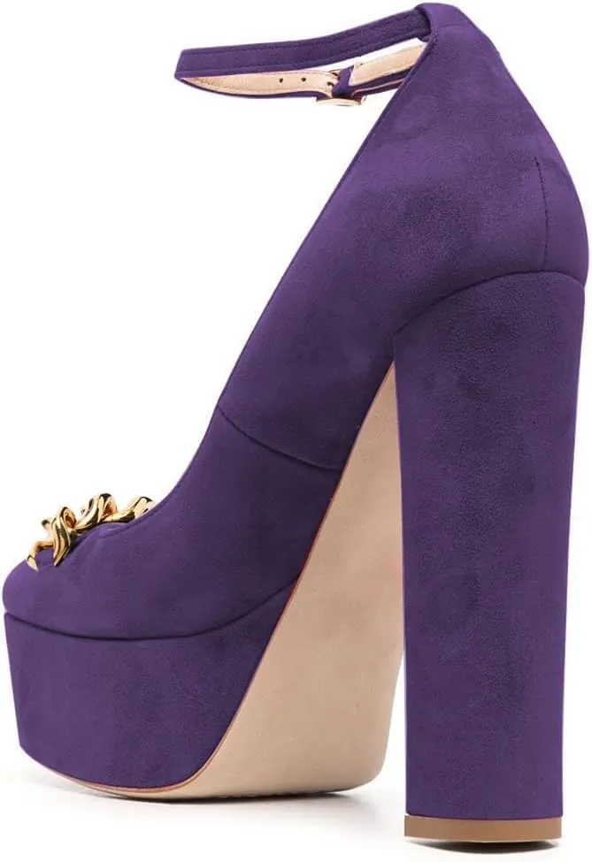 FYS Women Chain Platform Square Toe Pumps Ankle Strap Block Chunky High Heels Formal Wear Wedding Dance Shoes Size 4-15 US