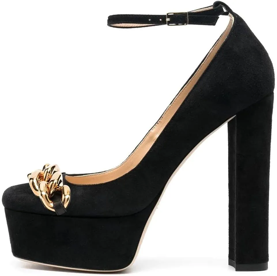FYS Women Chain Platform Square Toe Pumps Ankle Strap Block Chunky High Heels Formal Wear Wedding Dance Shoes Size 4-15 US