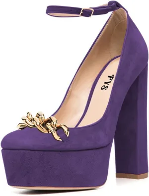 FYS Women Chain Platform Square Toe Pumps Ankle Strap Block Chunky High Heels Formal Wear Wedding Dance Shoes Size 4-15 US