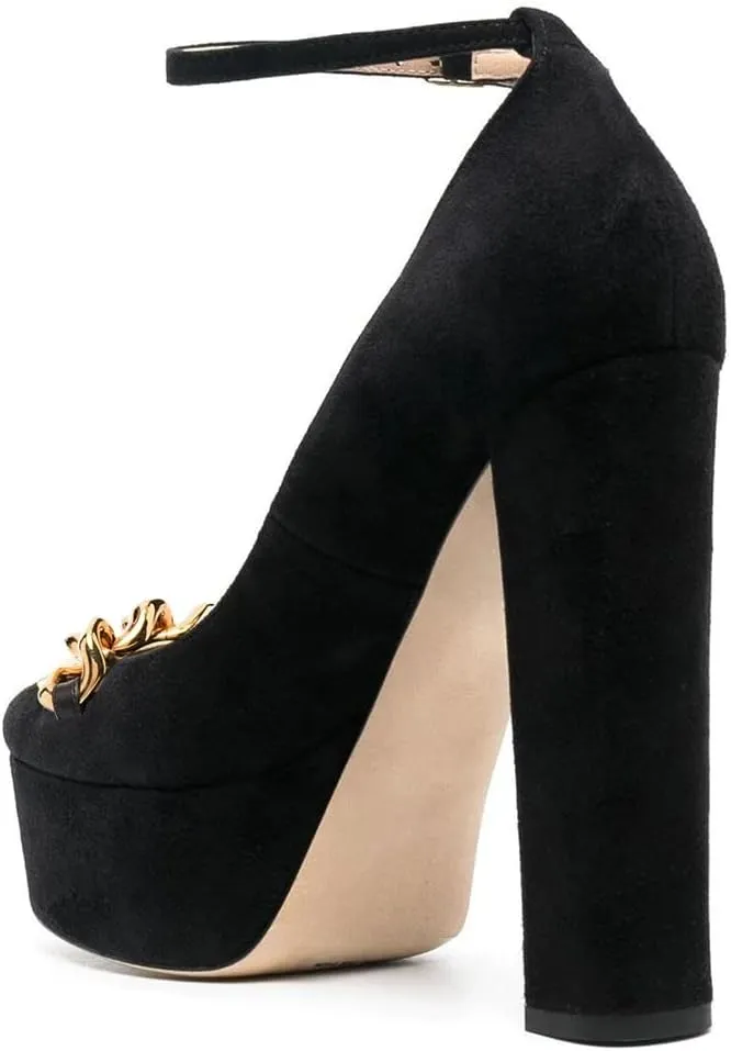 FYS Women Chain Platform Square Toe Pumps Ankle Strap Block Chunky High Heels Formal Wear Wedding Dance Shoes Size 4-15 US
