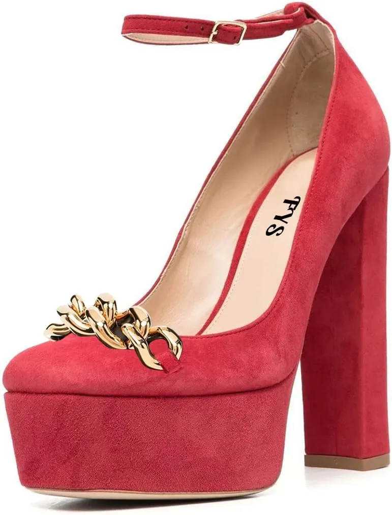 FYS Women Chain Platform Square Toe Pumps Ankle Strap Block Chunky High Heels Formal Wear Wedding Dance Shoes Size 4-15 US