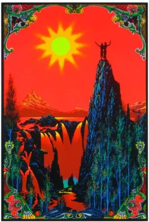 Garden of Eden Blacklight Poster Classic Retro Trippy Flocked Felt Velvet UV Black Light Reactive Psychedelic Adam Eve Mountain Top Sunset Valley Fantasy 23x35 inch