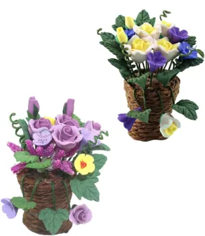 GARVALON 2pcs Miniature Doll House Potted Plants Faux Flower Baskets Decorative Mini Bonsai for Home Decor