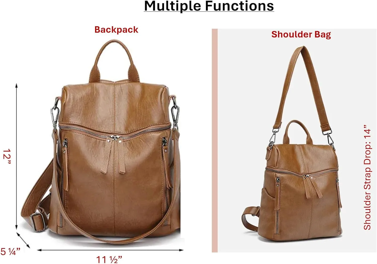 Genuine Cow Leather Backpack Shoulder Handbag Bag for Women, Top Handle & 2 Detachable Straps- Brown