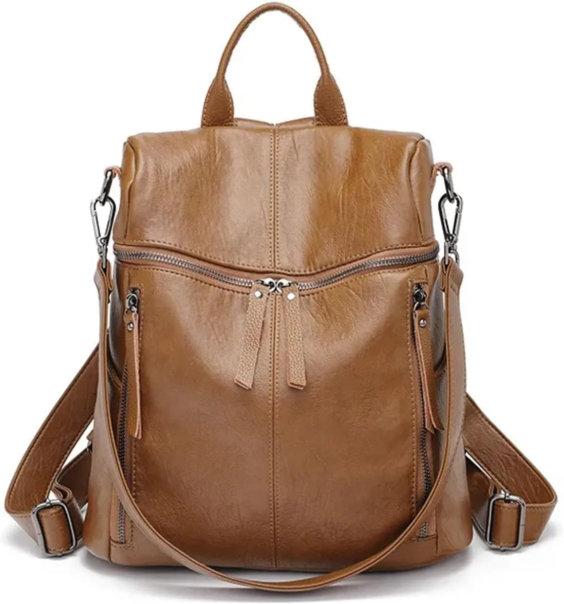 Genuine Cow Leather Backpack Shoulder Handbag Bag for Women, Top Handle & 2 Detachable Straps- Brown