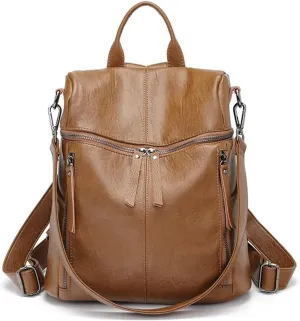 Genuine Cow Leather Backpack Shoulder Handbag Bag for Women, Top Handle & 2 Detachable Straps- Brown