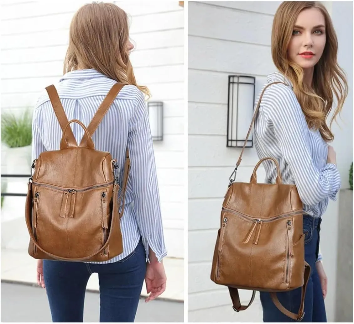 Genuine Cow Leather Backpack Shoulder Handbag Bag for Women, Top Handle & 2 Detachable Straps- Brown