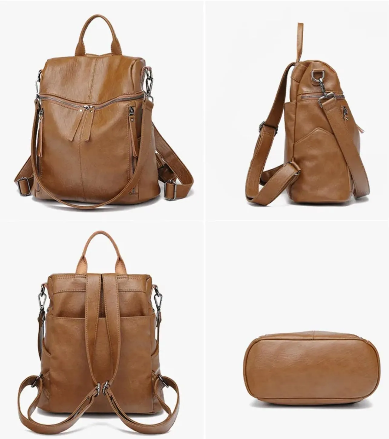 Genuine Cow Leather Backpack Shoulder Handbag Bag for Women, Top Handle & 2 Detachable Straps- Brown