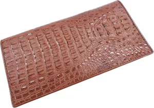 Genuine Crocodile Caiman Hornback Skin Soft Leather Checkbook Long Wallet (Mahogany Brown)