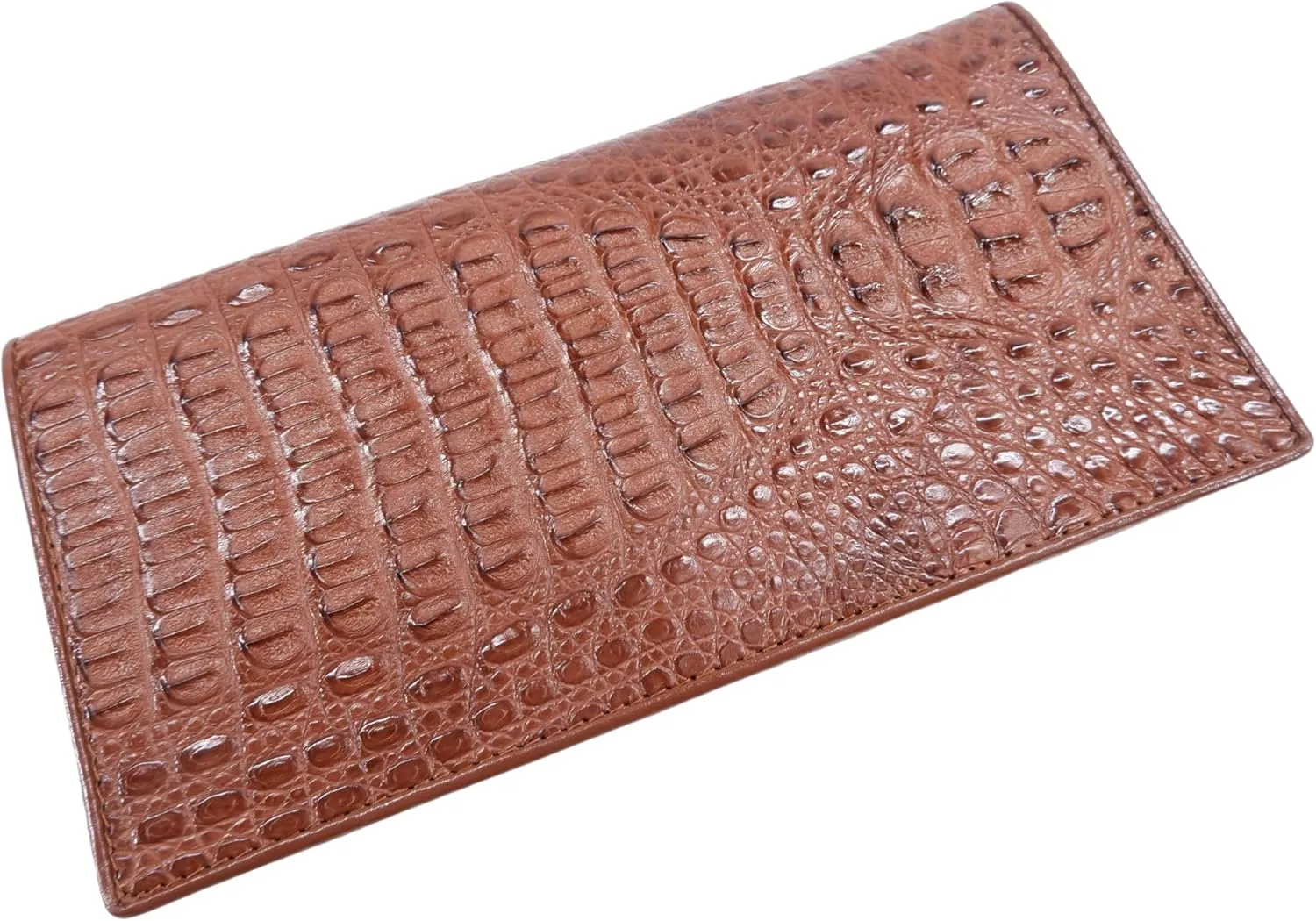 Genuine Crocodile Caiman Hornback Skin Soft Leather Checkbook Long Wallet (Mahogany Brown)