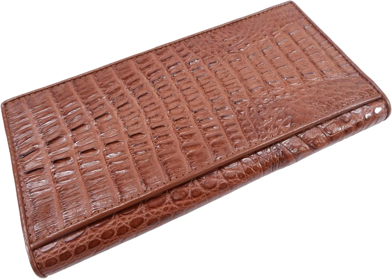 Genuine Crocodile Caiman Hornback Skin Soft Leather Checkbook Long Wallet (Mahogany Brown)