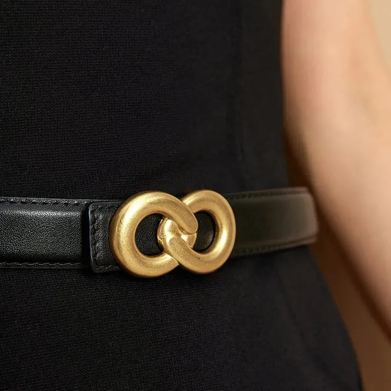 Genuine Leather Belt with Gold Double-Ring Buckle