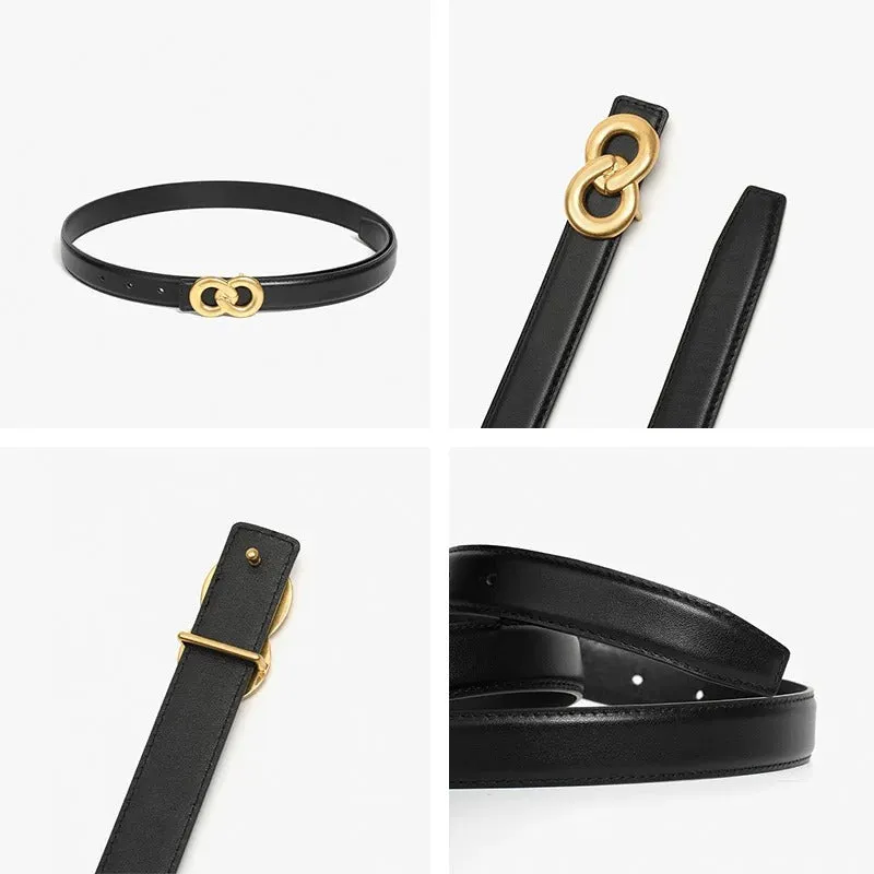 Genuine Leather Belt with Gold Double-Ring Buckle