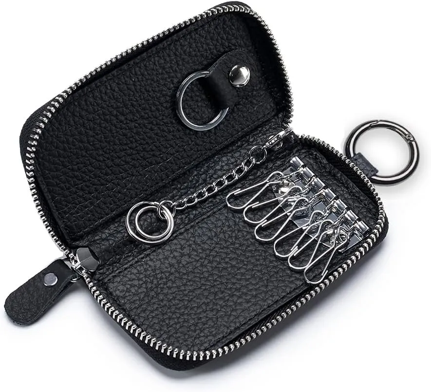 Genuine Leather Car Key Holder Bag Keychain Case Wallet with 6 Hooks Keyring Zipper Bag