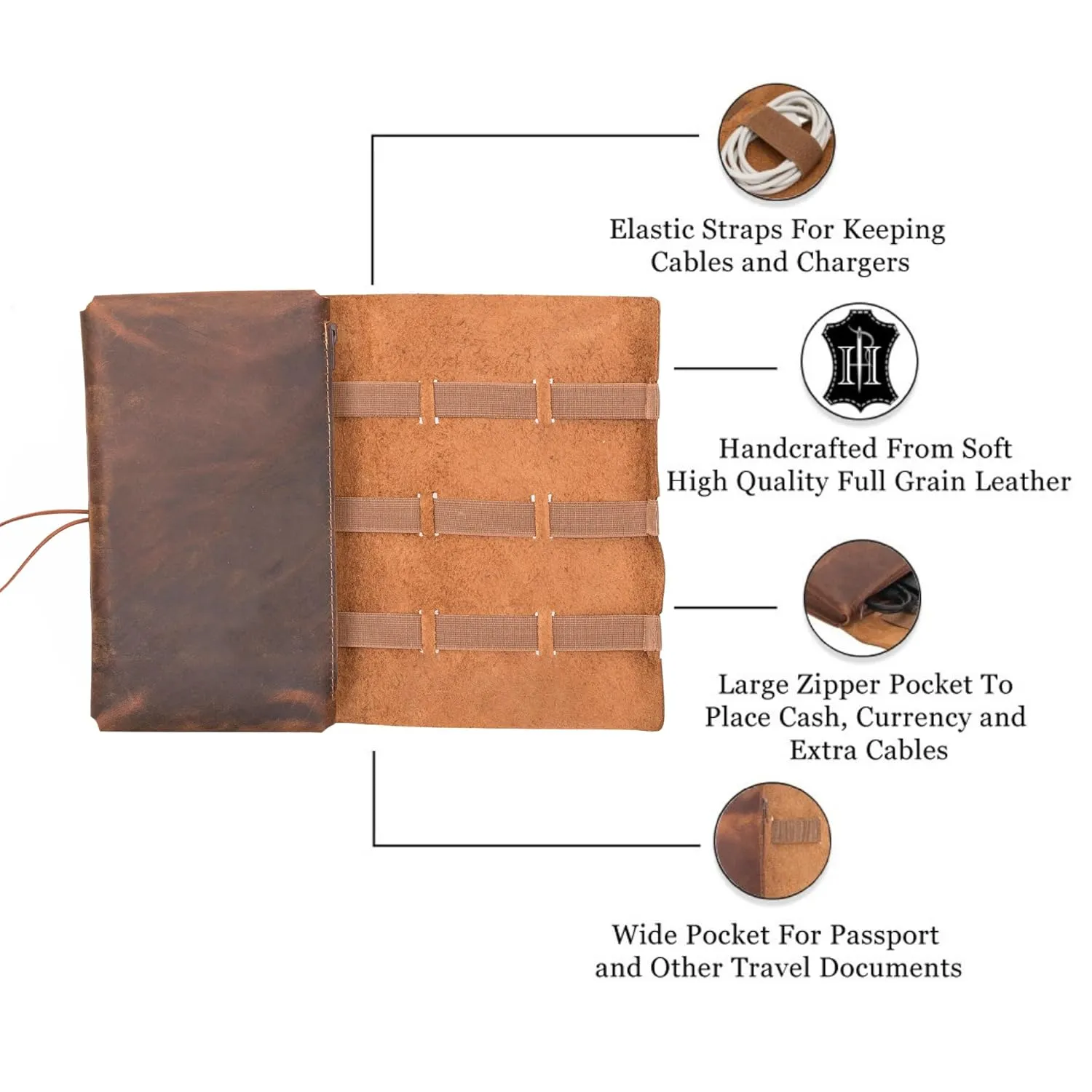 Genuine Leather Electronic Cable Organizer Bag Handmade Travel Cord Organizer Roll Case for Hard Drives, Cables, Charger, Phone, USB, SD Card (Large - Brown)