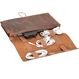 Genuine Leather Electronic Cable Organizer Bag Handmade Travel Cord Organizer Roll Case for Hard Drives, Cables, Charger, Phone, USB, SD Card (Large - Brown)