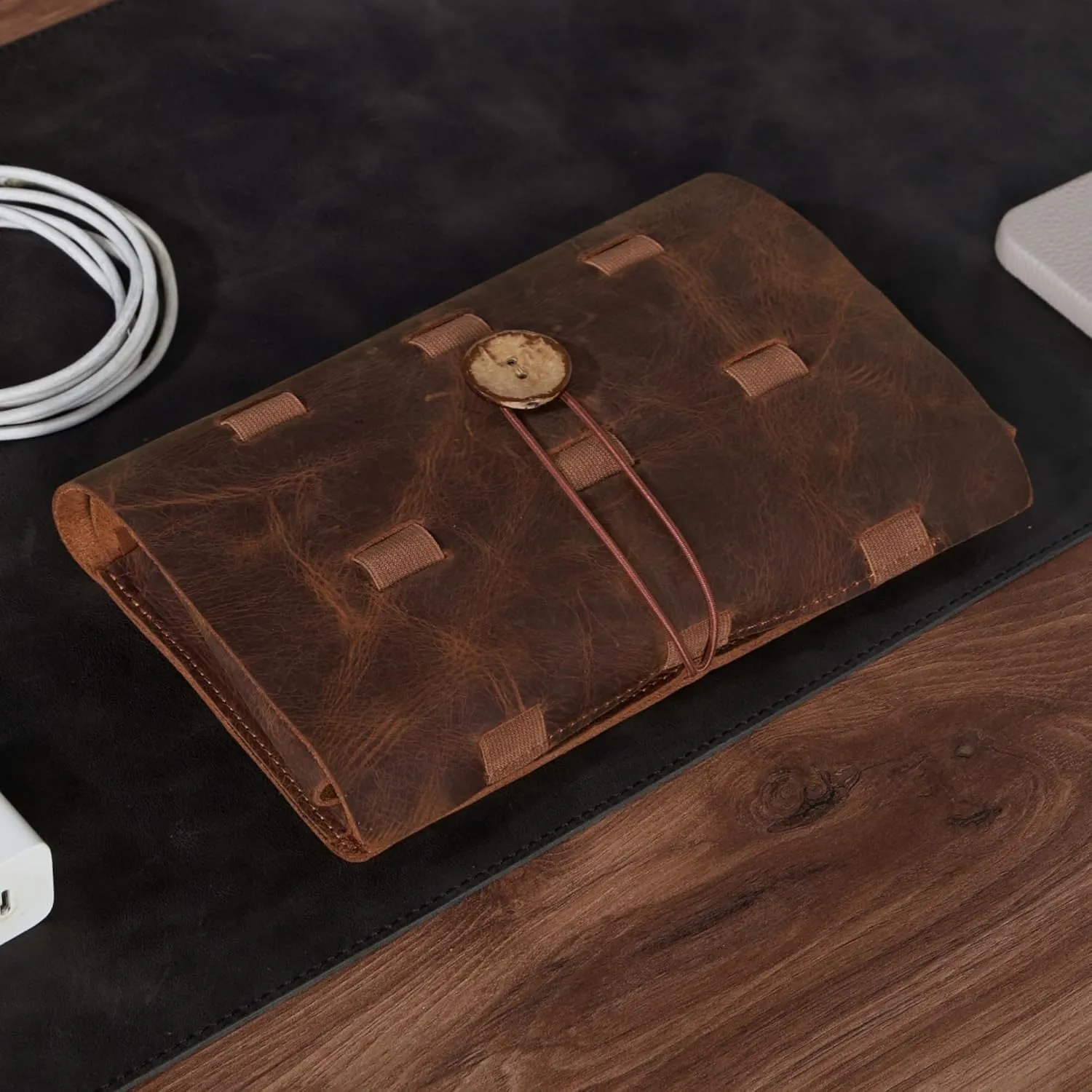 Genuine Leather Electronic Cable Organizer Bag Handmade Travel Cord Organizer Roll Case for Hard Drives, Cables, Charger, Phone, USB, SD Card (Large - Brown)