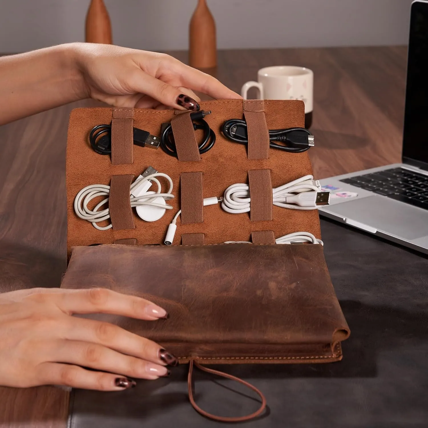 Genuine Leather Electronic Cable Organizer Bag Handmade Travel Cord Organizer Roll Case for Hard Drives, Cables, Charger, Phone, USB, SD Card (Large - Brown)