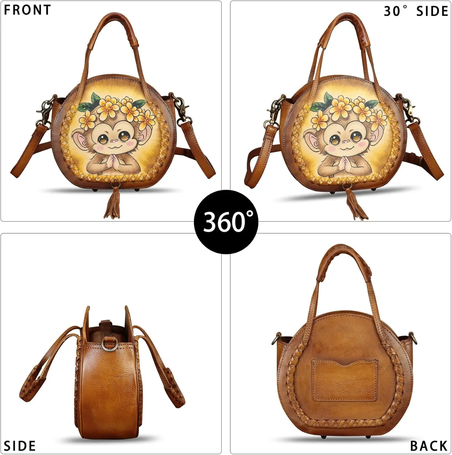 Genuine Leather Handbag for Women Purse Hand Painted Pattern Top Handle Satchel Handmade Crossbody Pouch