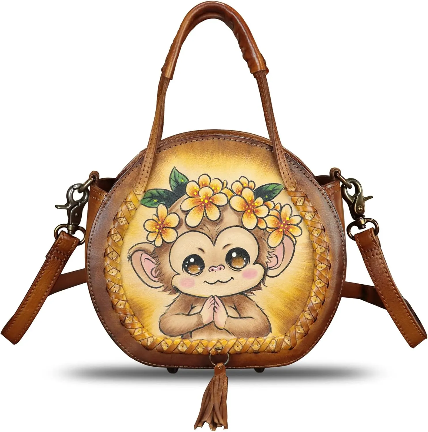 Genuine Leather Handbag for Women Purse Hand Painted Pattern Top Handle Satchel Handmade Crossbody Pouch