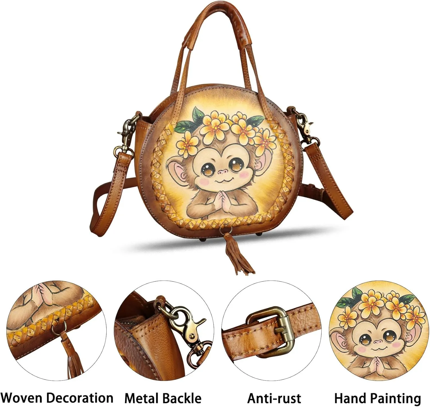 Genuine Leather Handbag for Women Purse Hand Painted Pattern Top Handle Satchel Handmade Crossbody Pouch