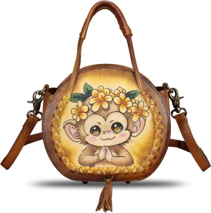 Genuine Leather Handbag for Women Purse Hand Painted Pattern Top Handle Satchel Handmade Crossbody Pouch
