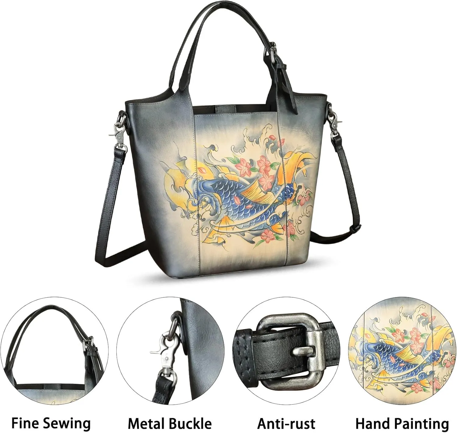 Genuine Leather Handbag Satchel for Women Hand Painted Leather Handmade Work Tote Casual Shoulder Purse Bag