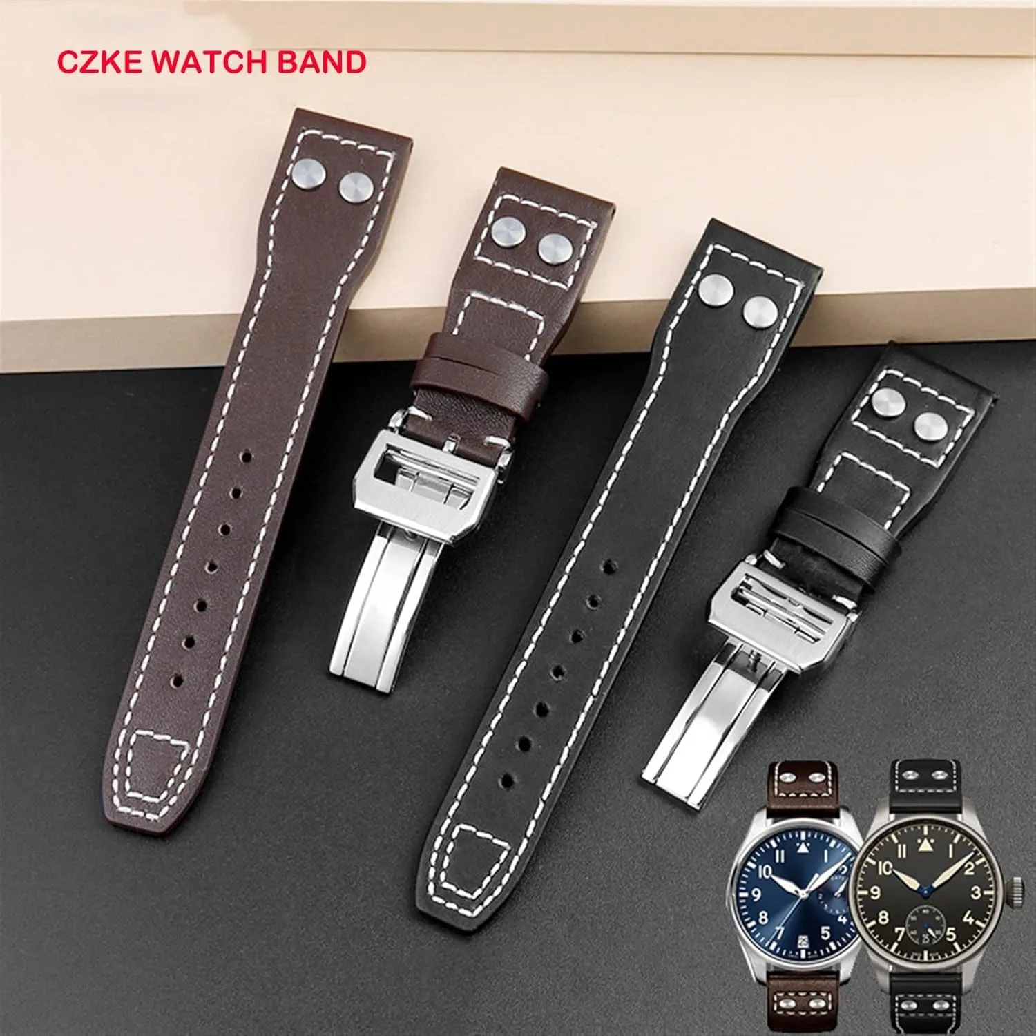 Genuine Leather Rivets Watchband For IWC Big Pilot Spitfire Cowhide Folding Buckle Watch Men Strap 21mm 22mm