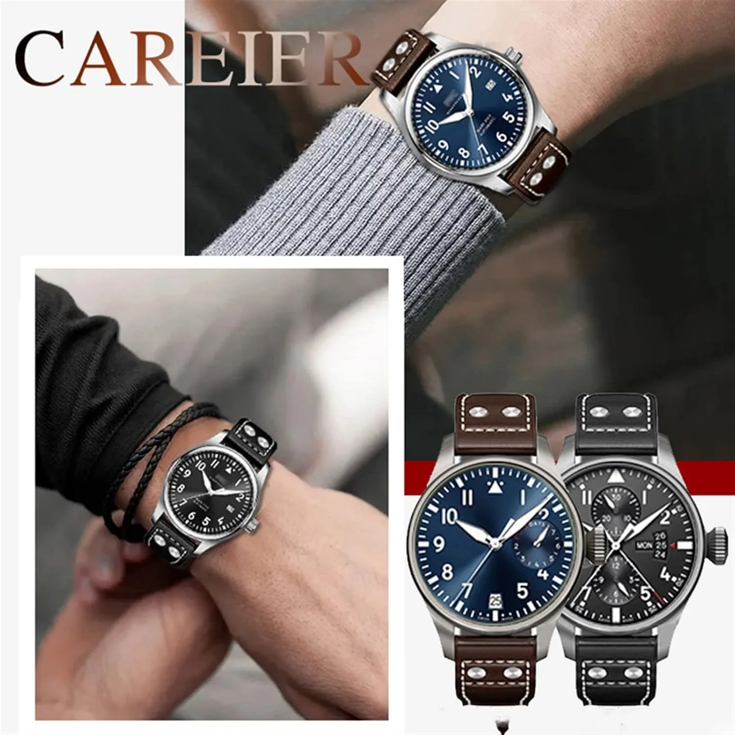 Genuine Leather Rivets Watchband For IWC Big Pilot Spitfire Cowhide Folding Buckle Watch Men Strap 21mm 22mm
