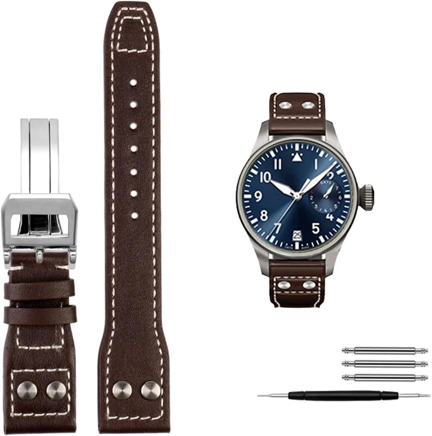 Genuine Leather Rivets Watchband For IWC Big Pilot Spitfire Cowhide Folding Buckle Watch Men Strap 21mm 22mm