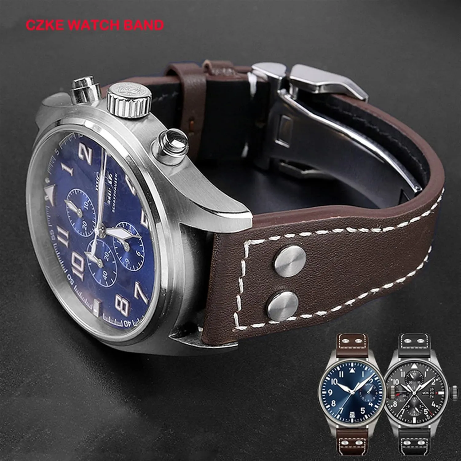 Genuine Leather Rivets Watchband For IWC Big Pilot Spitfire Cowhide Folding Buckle Watch Men Strap 21mm 22mm