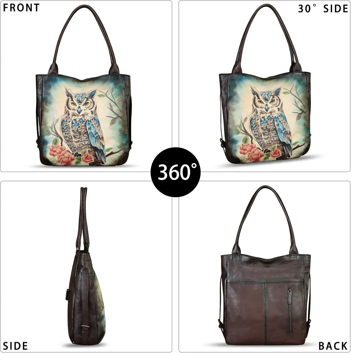 Genuine Leather Shoulder Bag for Women Hand Painted Leather Handbag Handmade Purse Work Tote Bag Casual Purse