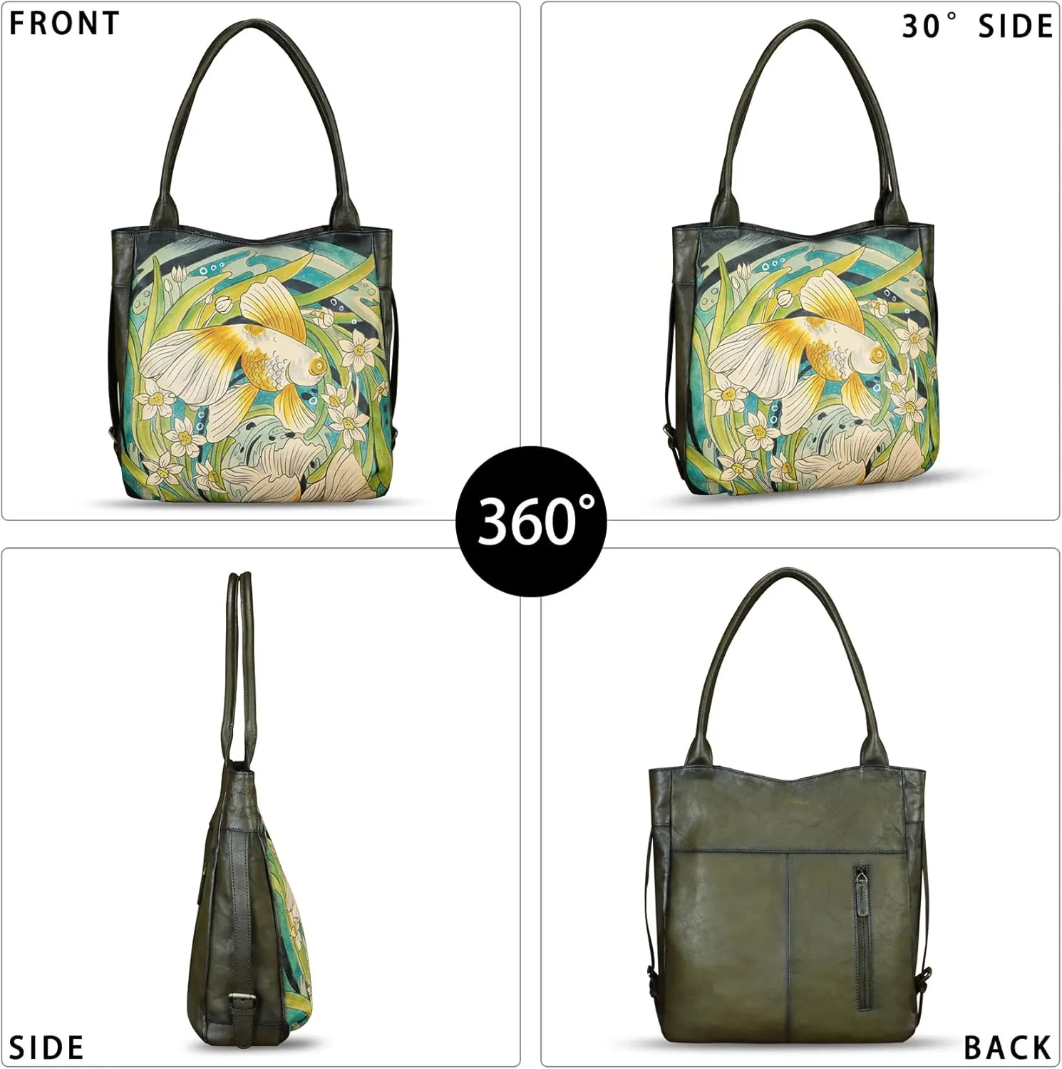 Genuine Leather Shoulder Bag for Women Hand Painted Leather Handbag Handmade Purse Work Tote Bag Casual Purse