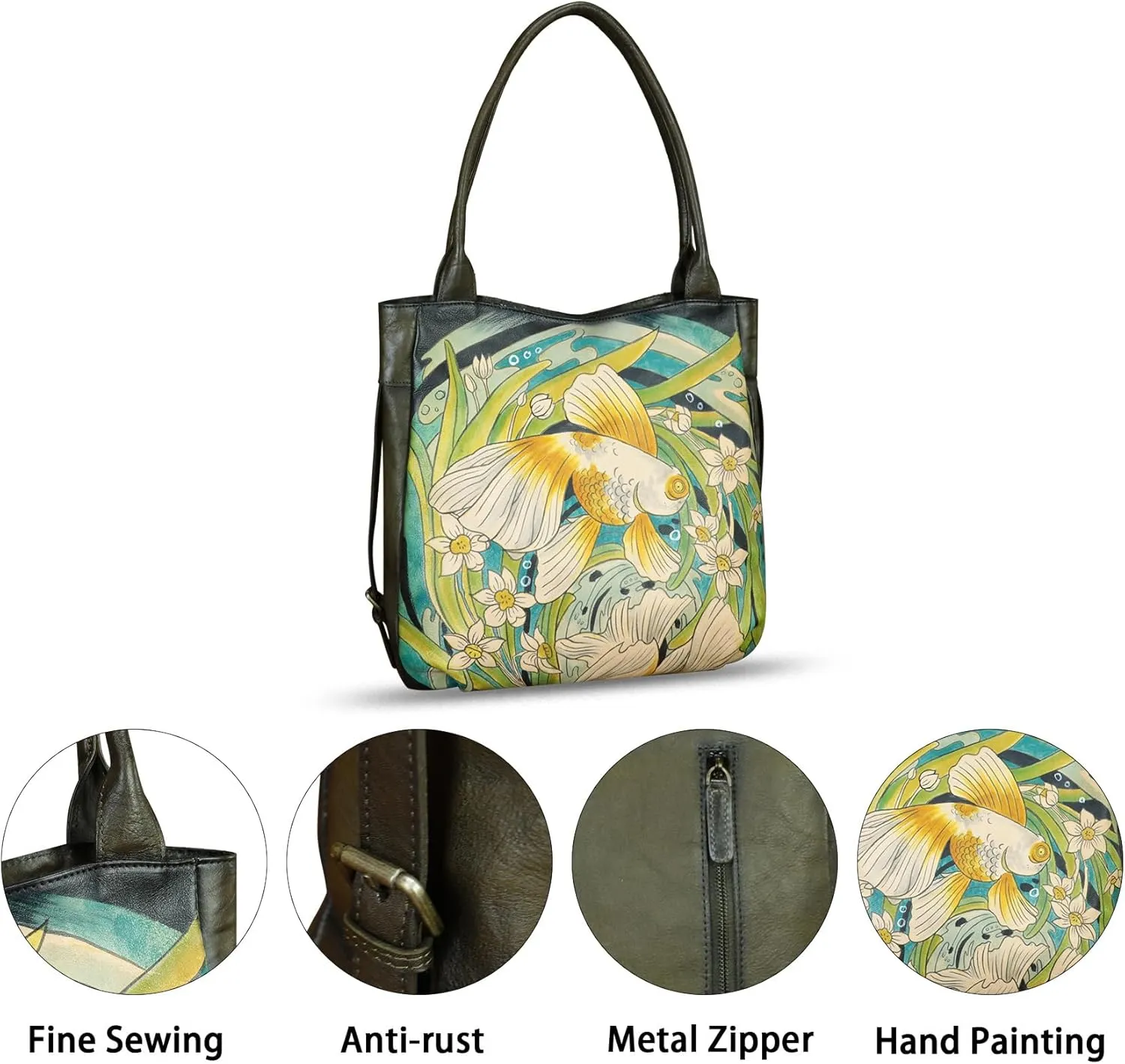 Genuine Leather Shoulder Bag for Women Hand Painted Leather Handbag Handmade Purse Work Tote Bag Casual Purse