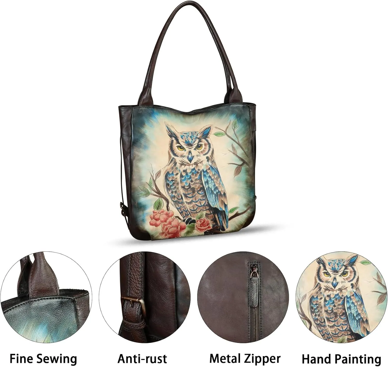 Genuine Leather Shoulder Bag for Women Hand Painted Leather Handbag Handmade Purse Work Tote Bag Casual Purse