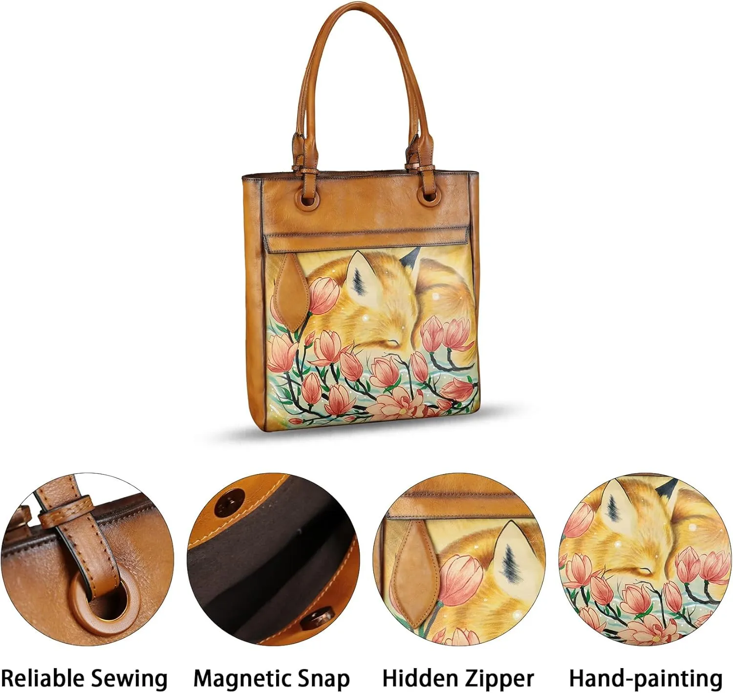 Genuine Leather Shoulder Bag for Women Hand Painted Leather Handbag Handmade Work Tote Bag Casual Hand Purse