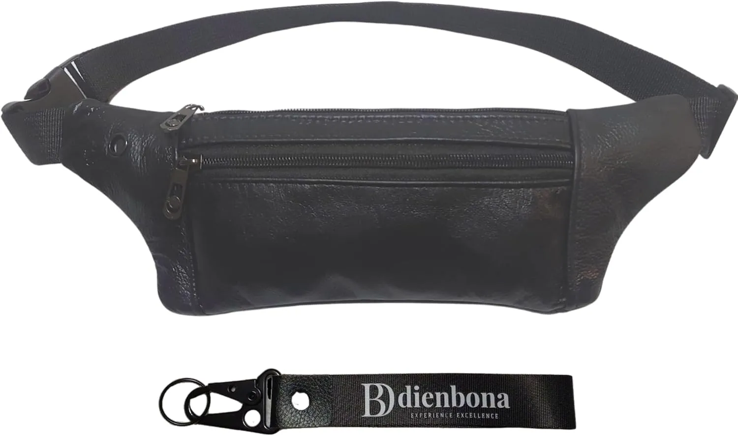 Genuine Leather Slim Sling Waist Bag, Crossbody Travel Pouch with Adjustable Strap and key Ring (Black)