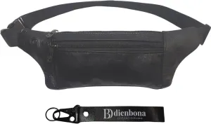 Genuine Leather Slim Sling Waist Bag, Crossbody Travel Pouch with Adjustable Strap and key Ring (Black)