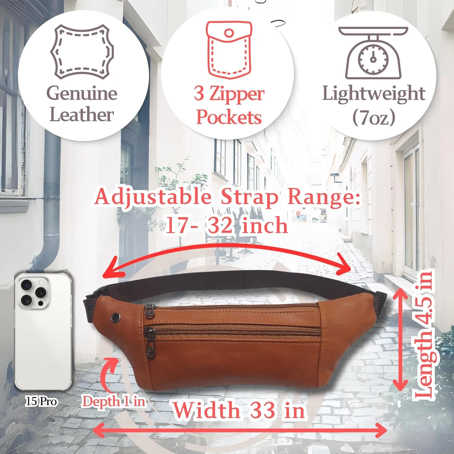 Genuine Leather Slim Sling Waist Bag, Crossbody Travel Pouch with Adjustable Strap and key Ring (Tan)