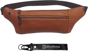 Genuine Leather Slim Sling Waist Bag, Crossbody Travel Pouch with Adjustable Strap and key Ring (Tan)
