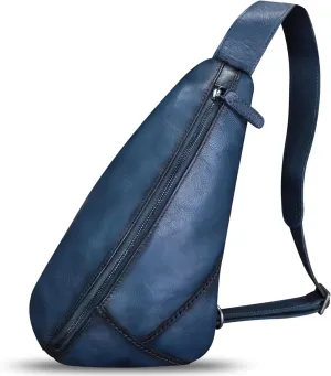 Genuine Leather Sling Bag Handmade Retro Crossbody Sling Backpack Purse Hiking Daypack Motorcycle Chest Shoulder Fanny Pack (Blue)