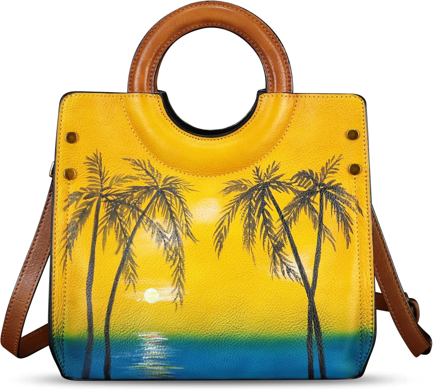 Genuine Leather Tote Bag for Women Hand Painted Leather Shoulder Handbag Handmade Purse Crossbody Work Tote Casual Purse