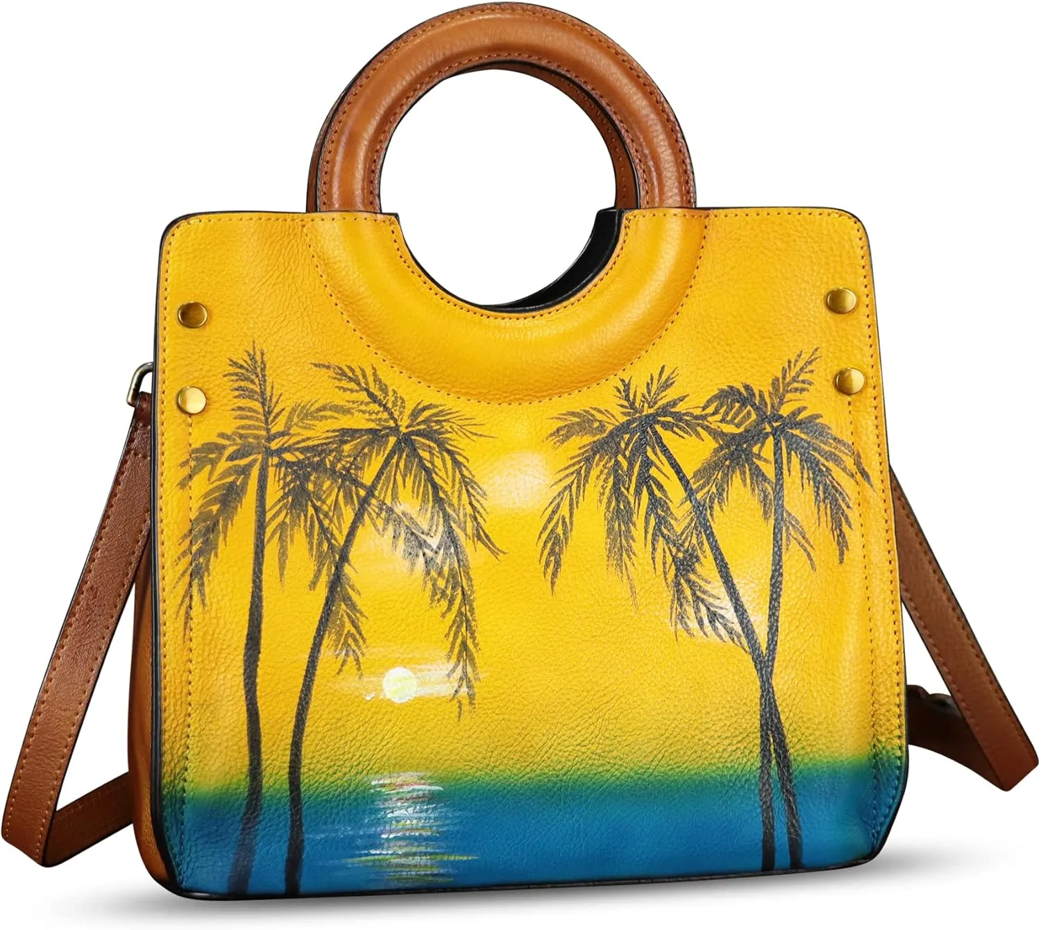 Genuine Leather Tote Bag for Women Hand Painted Leather Shoulder Handbag Handmade Purse Crossbody Work Tote Casual Purse