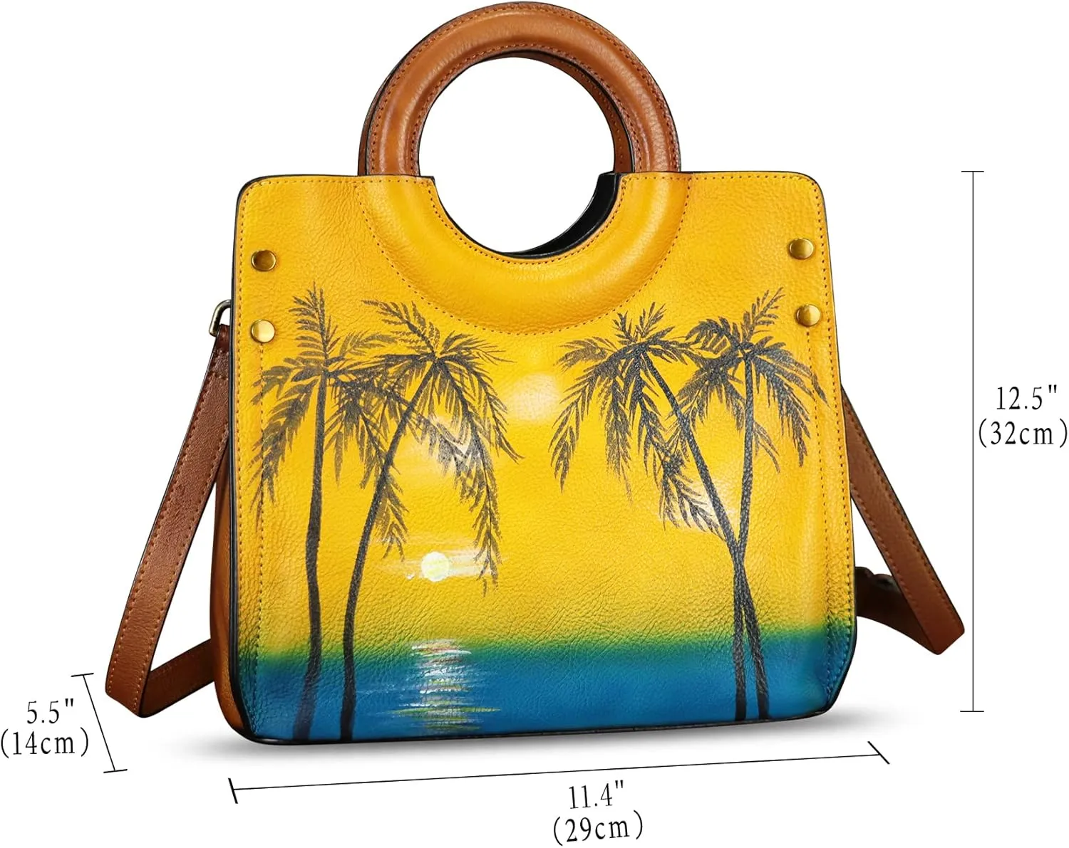 Genuine Leather Tote Bag for Women Hand Painted Leather Shoulder Handbag Handmade Purse Crossbody Work Tote Casual Purse