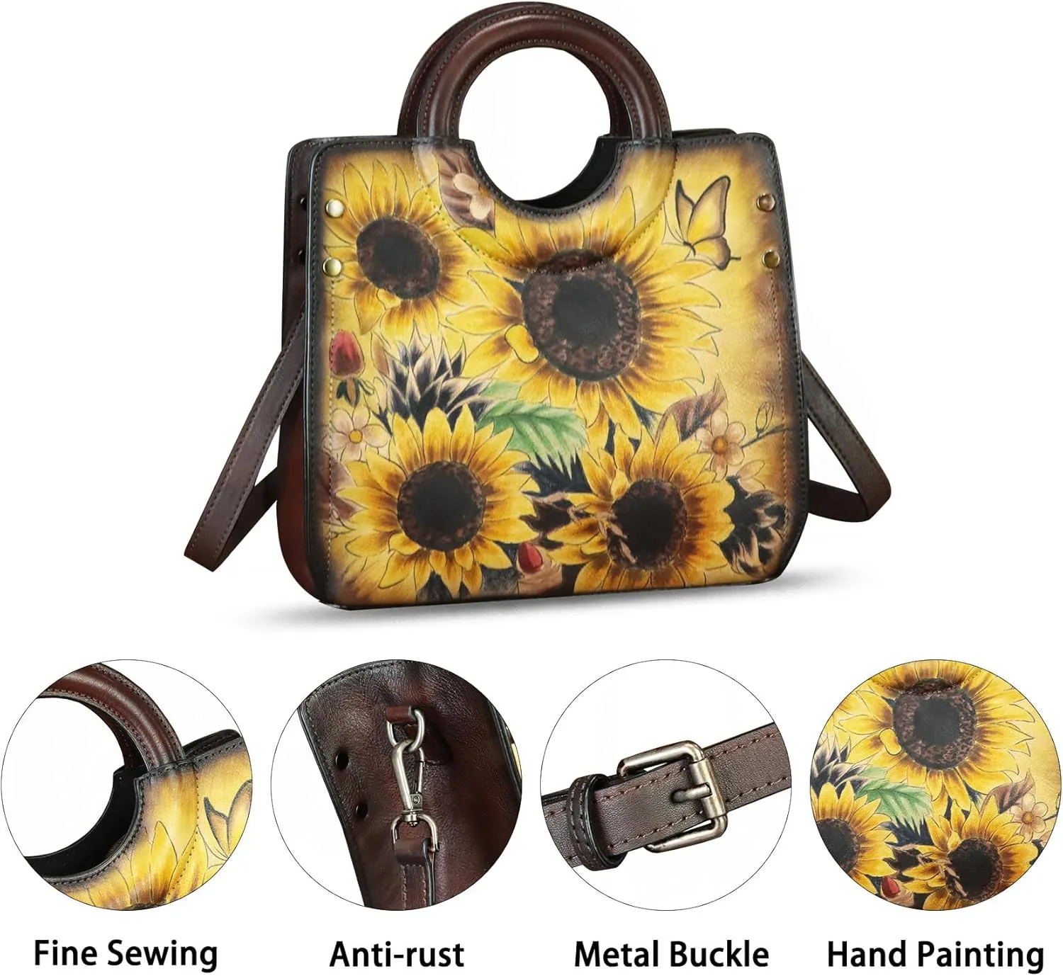 Genuine Leather Tote Bag for Women Hand Painted Leather Shoulder Handbag Handmade Purse Crossbody Work Tote Casual Purse