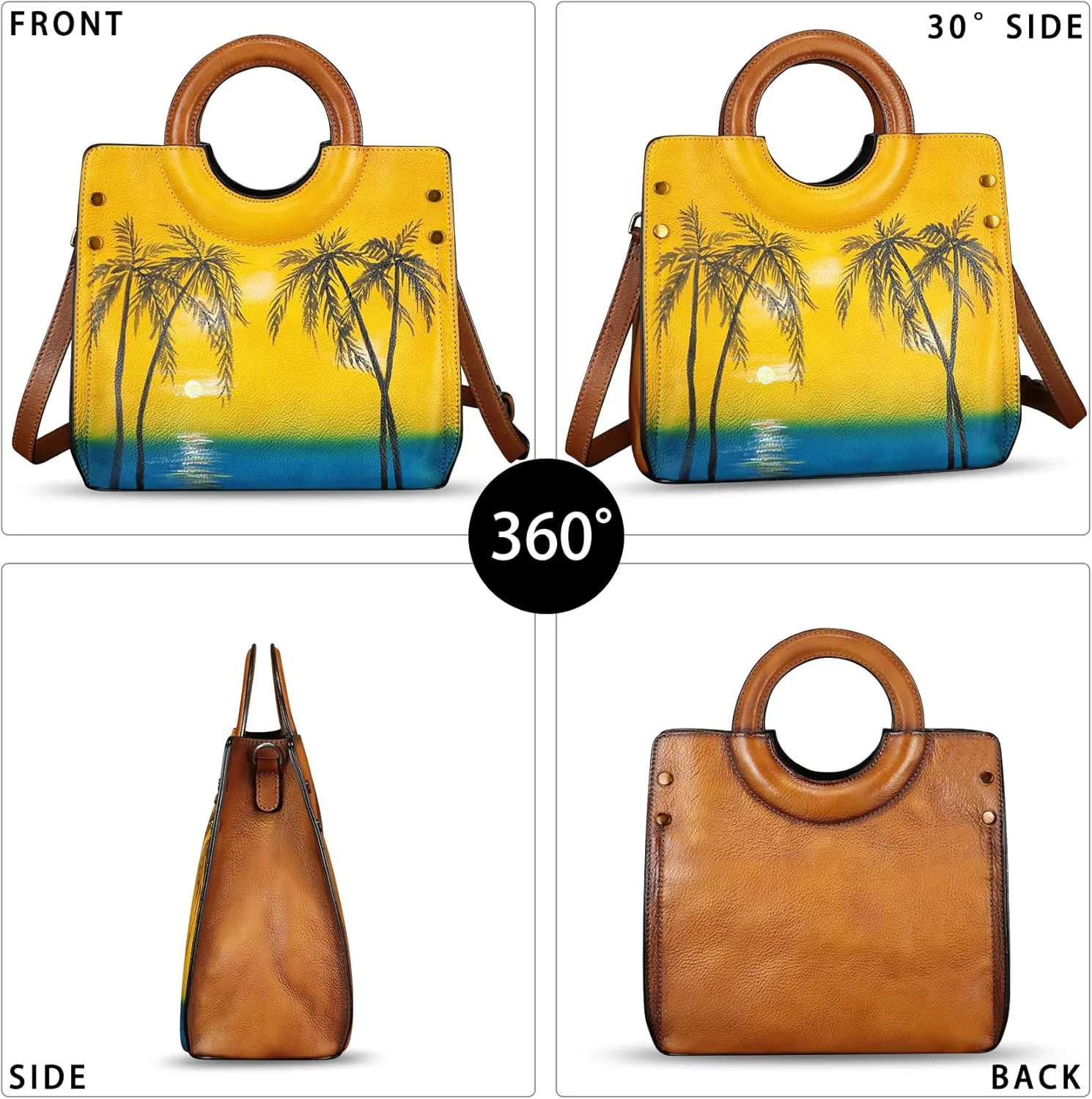Genuine Leather Tote Bag for Women Hand Painted Leather Shoulder Handbag Handmade Purse Crossbody Work Tote Casual Purse