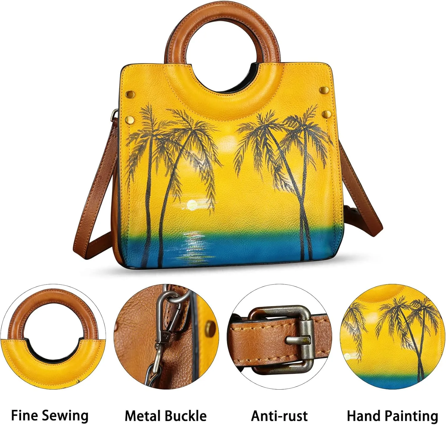 Genuine Leather Tote Bag for Women Hand Painted Leather Shoulder Handbag Handmade Purse Crossbody Work Tote Casual Purse
