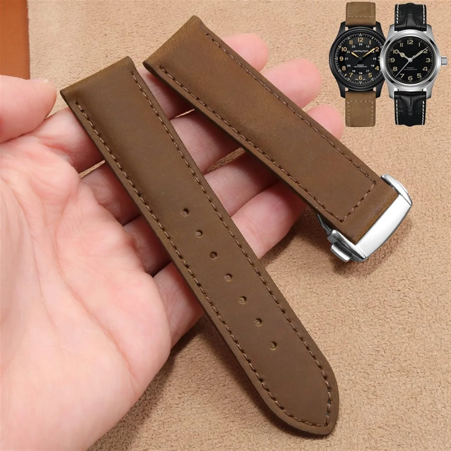 Genuine Leather Watch Band for Hamilton Kaqi Field Aviation Frosted Folding Buckle Watch Chain 20mm 22mm Strap (Color : 25-12mm, Size : 20mm)